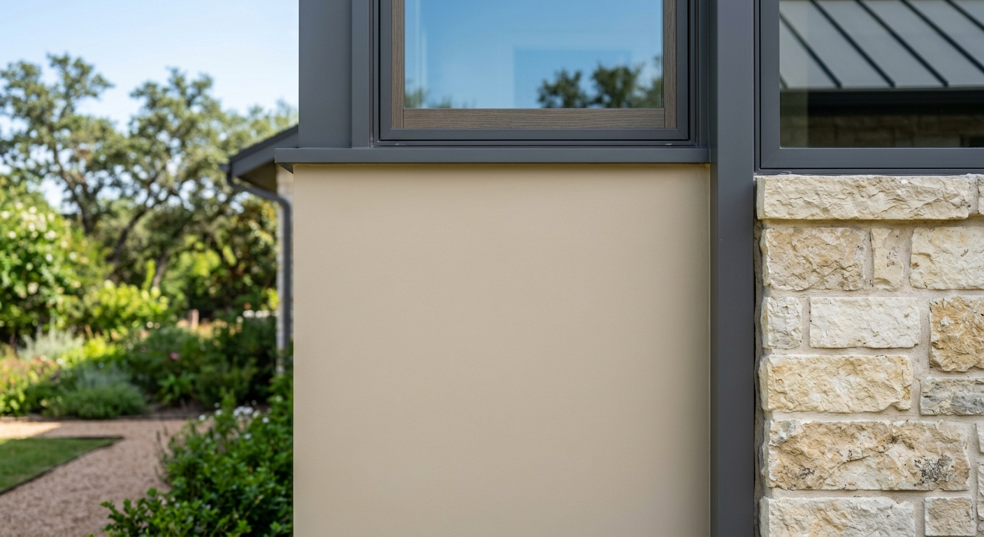 Exterior of a house with beige stucco, stone wall, and a window framed in dark trim