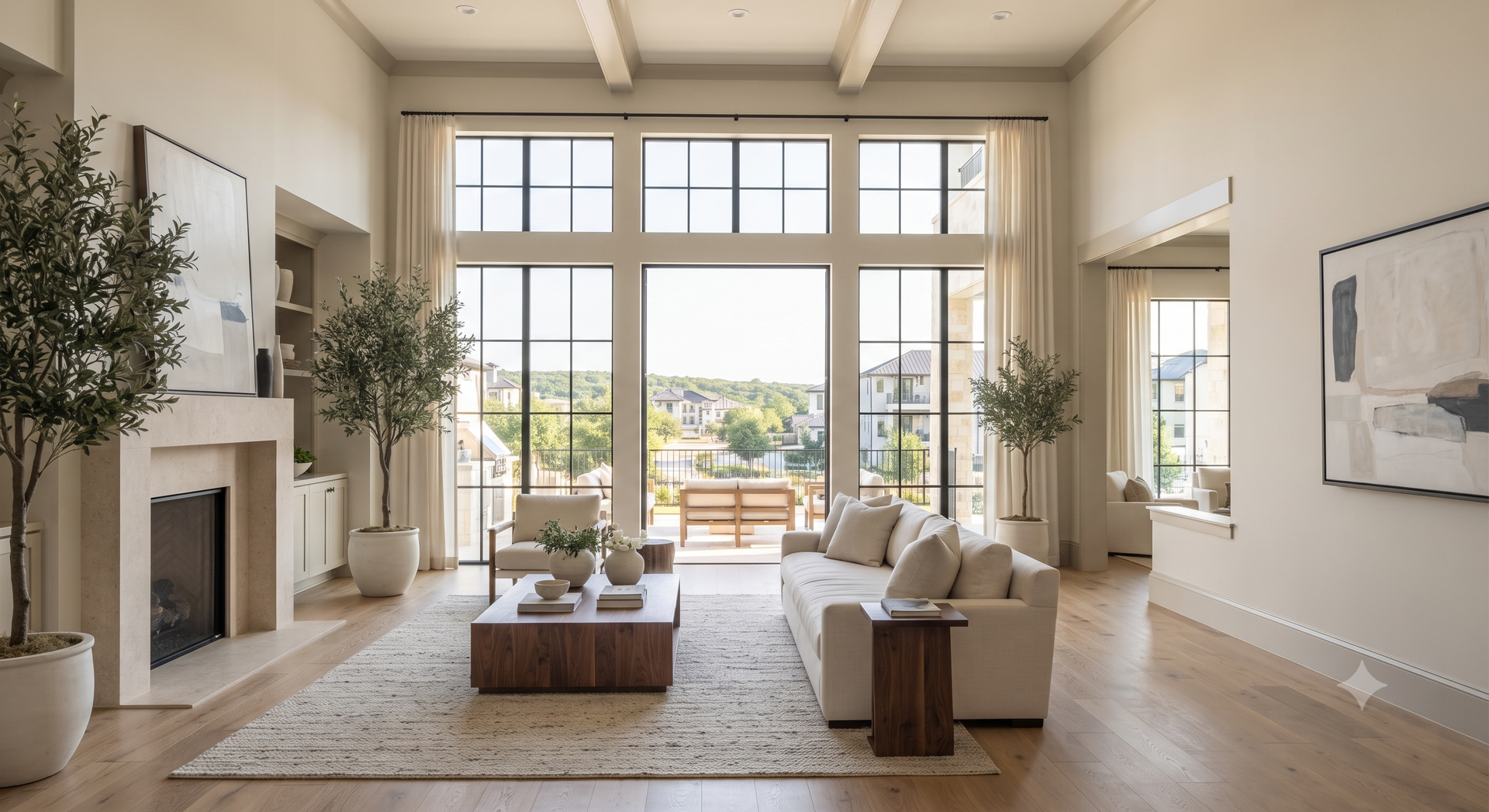 Bright minimalist living room with large windows, beige sofas, fireplace, and indoor plants