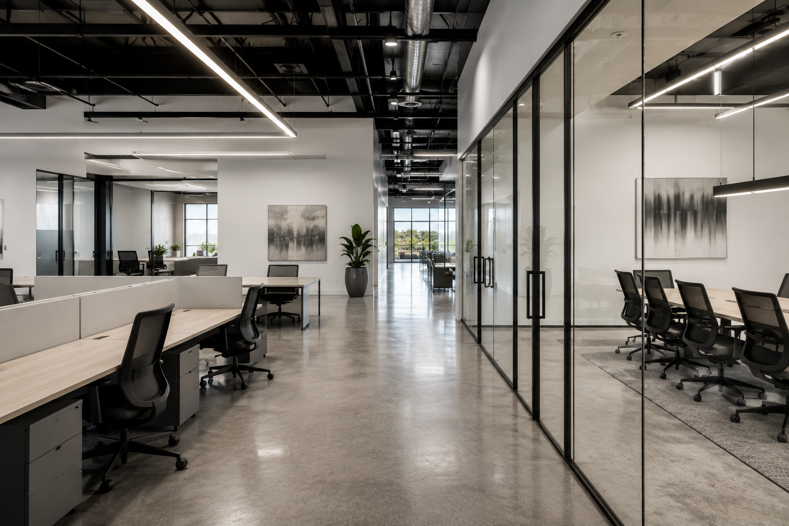 Modern open-plan office with glass-walled meeting rooms and desks along a polished concrete hallway