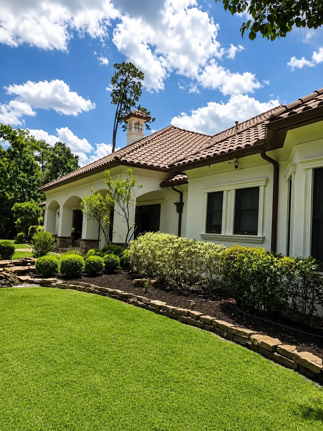 White stucco house with a red tile roof, manicured hedges, and a green lawn under a sunny blue sky