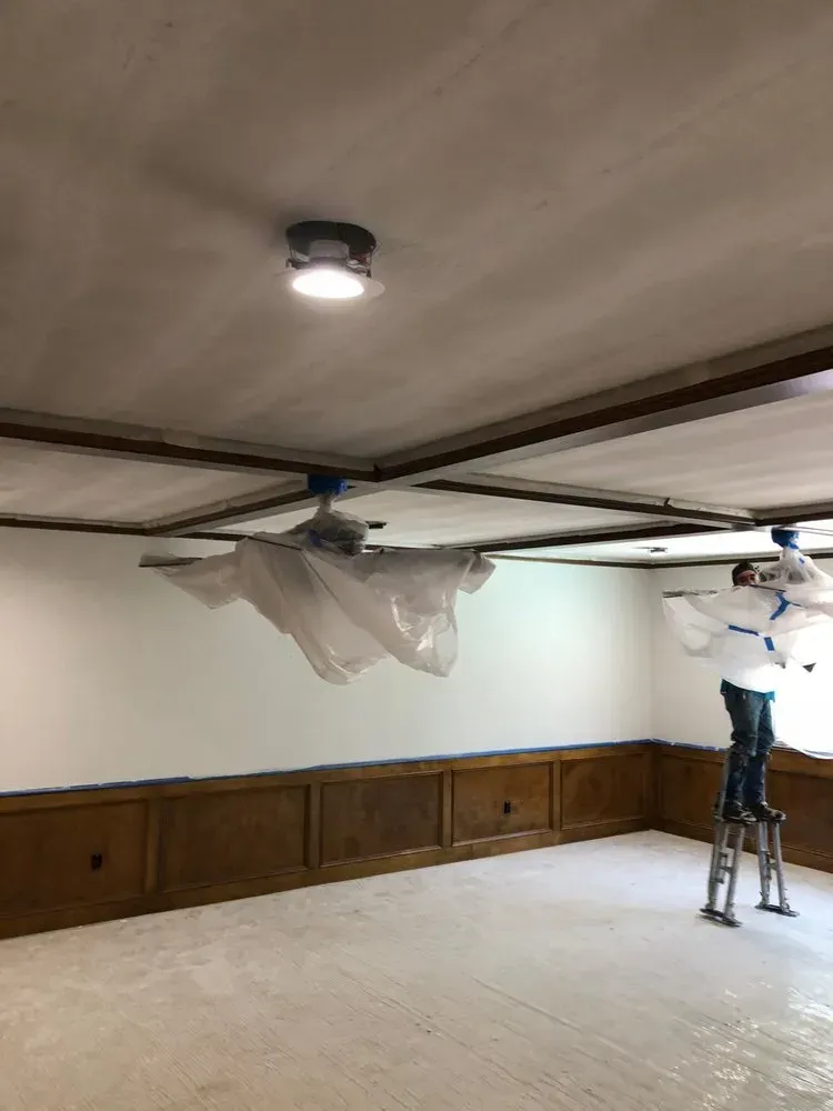 Person on a ladder painting a room with wood paneling and a drop cloth-covered floor