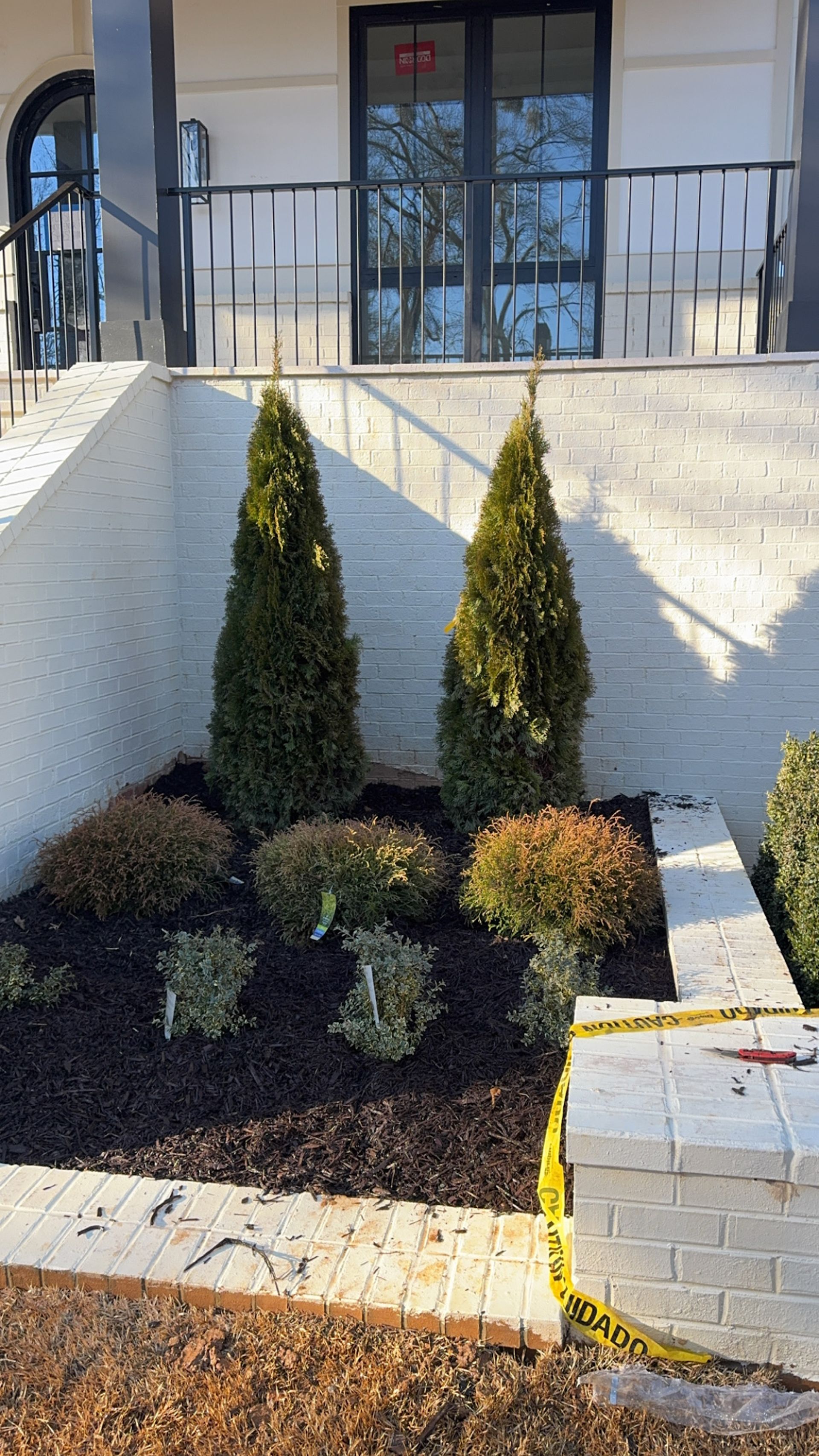 A garden with trees and bushes in front of a house.