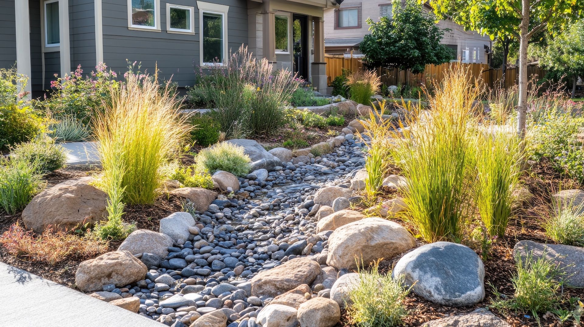 A stream running through a rocky garden in front of a house.
