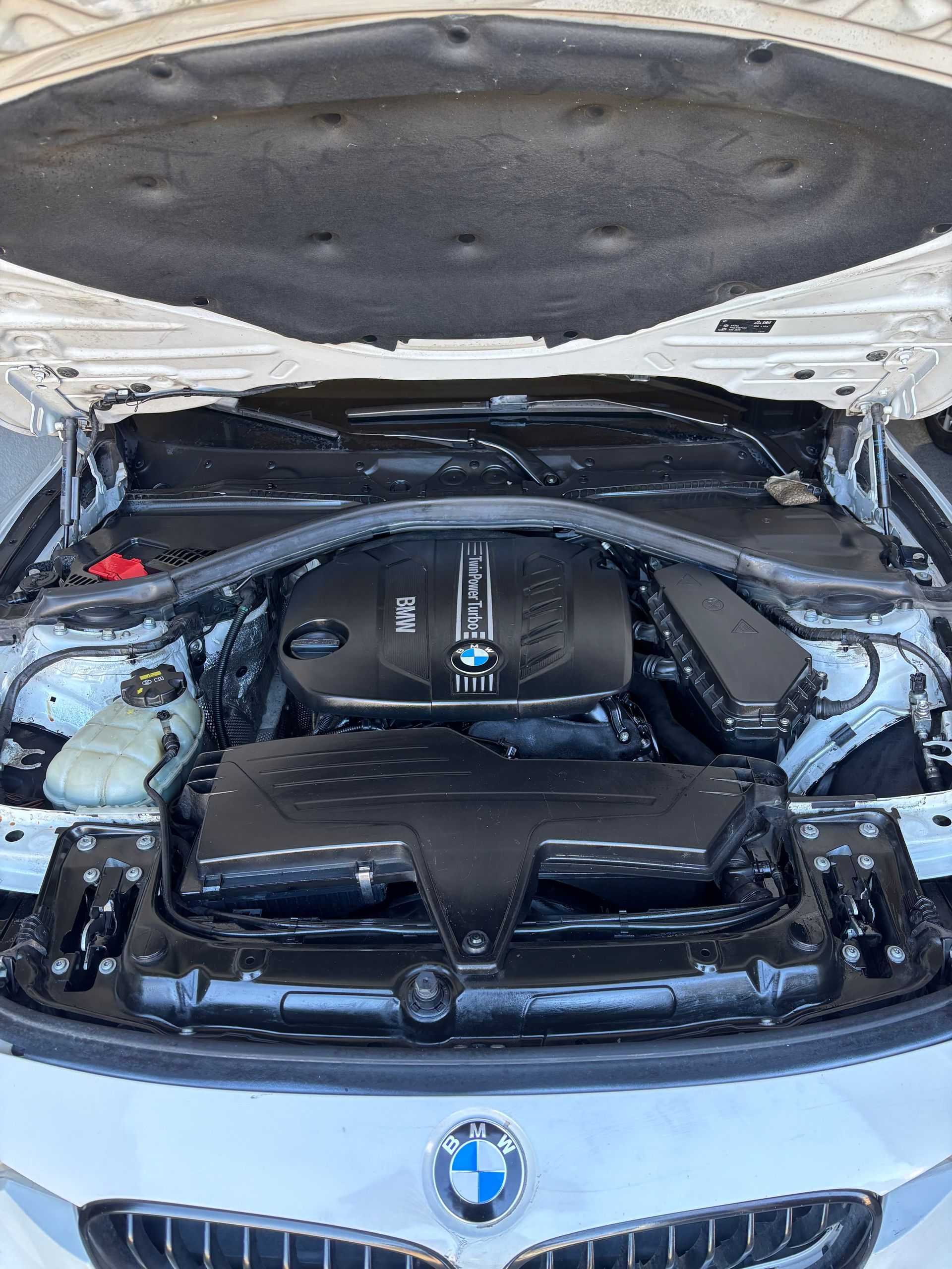 BMW engine bay with hood open, showing the engine cover and front grille.