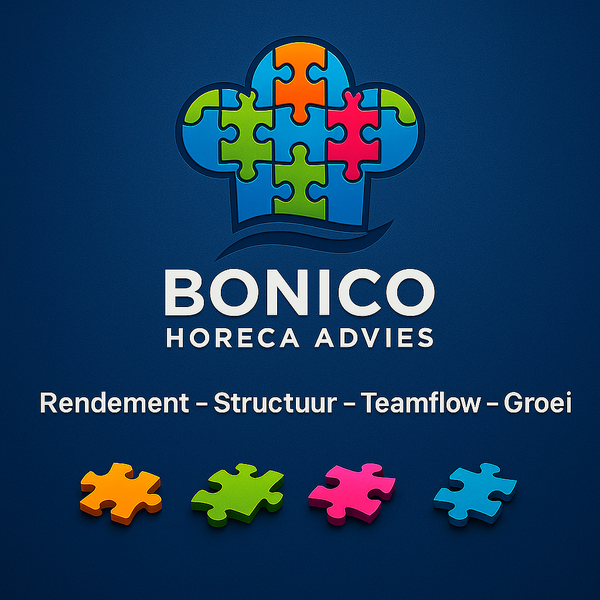 Het logo van BONICO Horeca Advies met een kleurrijke puzzelwolk en slogan op een blauwe achtergrond.