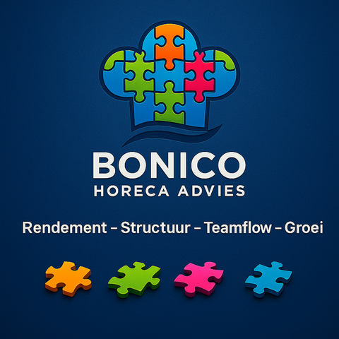 Het logo van BONICO Horeca Advies met een kleurrijke puzzelwolk en slogan op een blauwe achtergrond.
