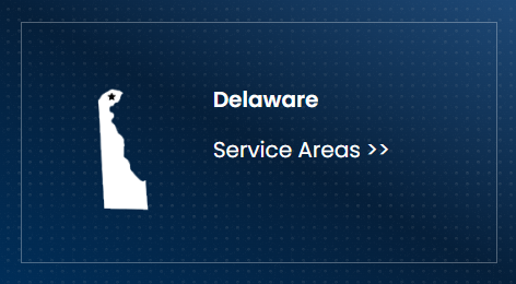 Delaware service area card with white state silhouette on dark blue background