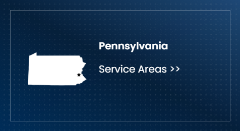 Pennsylvania service areas card with white state map icon on dark blue background