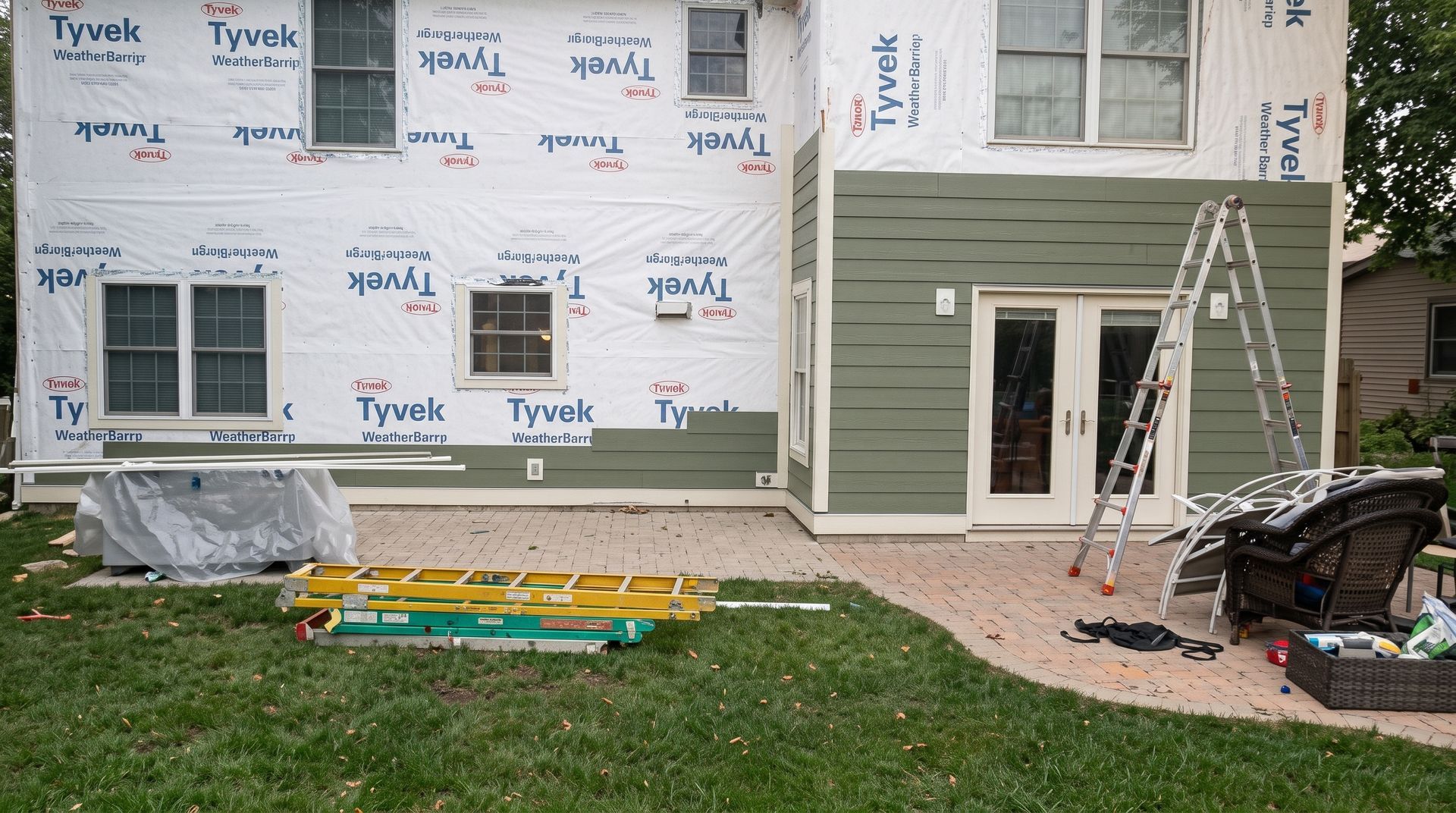 House exterior under renovation with Tyvek wrap, ladder, tools, and construction materials in the yard