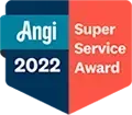 Angi 2022 Super Service Award badge in teal and red with white text