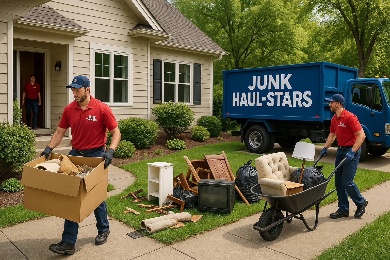 Two men are carrying boxes and a wheelbarrow in front of a junk hauling truck.