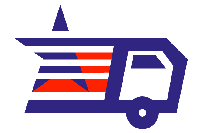 A blue truck with red white and blue stripes on it