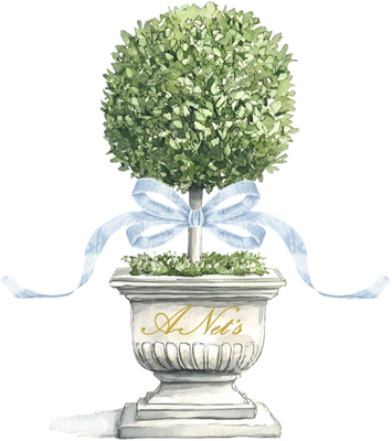 Topiary tree in a stone planter tied with a light blue ribbon, labeled
