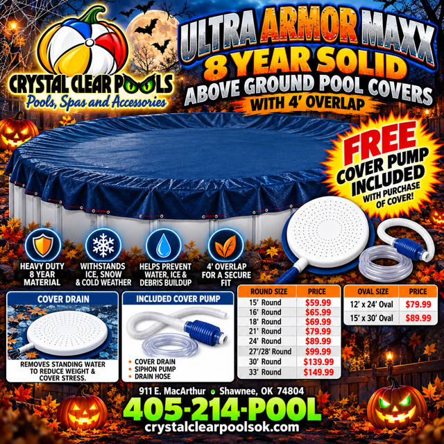 24x52 Caspian above-ground pool ad with blue pool, $19,995 installed, Crystal Clear Pools logo and phone number