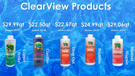 bottles of clearview products are lined up on a blue background