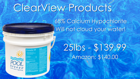 a blue sign that says clearview products calcium hypochlorite will not cloud your water