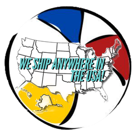 Logo with U.S. map and text “WE SHIP ANYWHERE IN THE USA!” in blue, red, yellow, and black circles