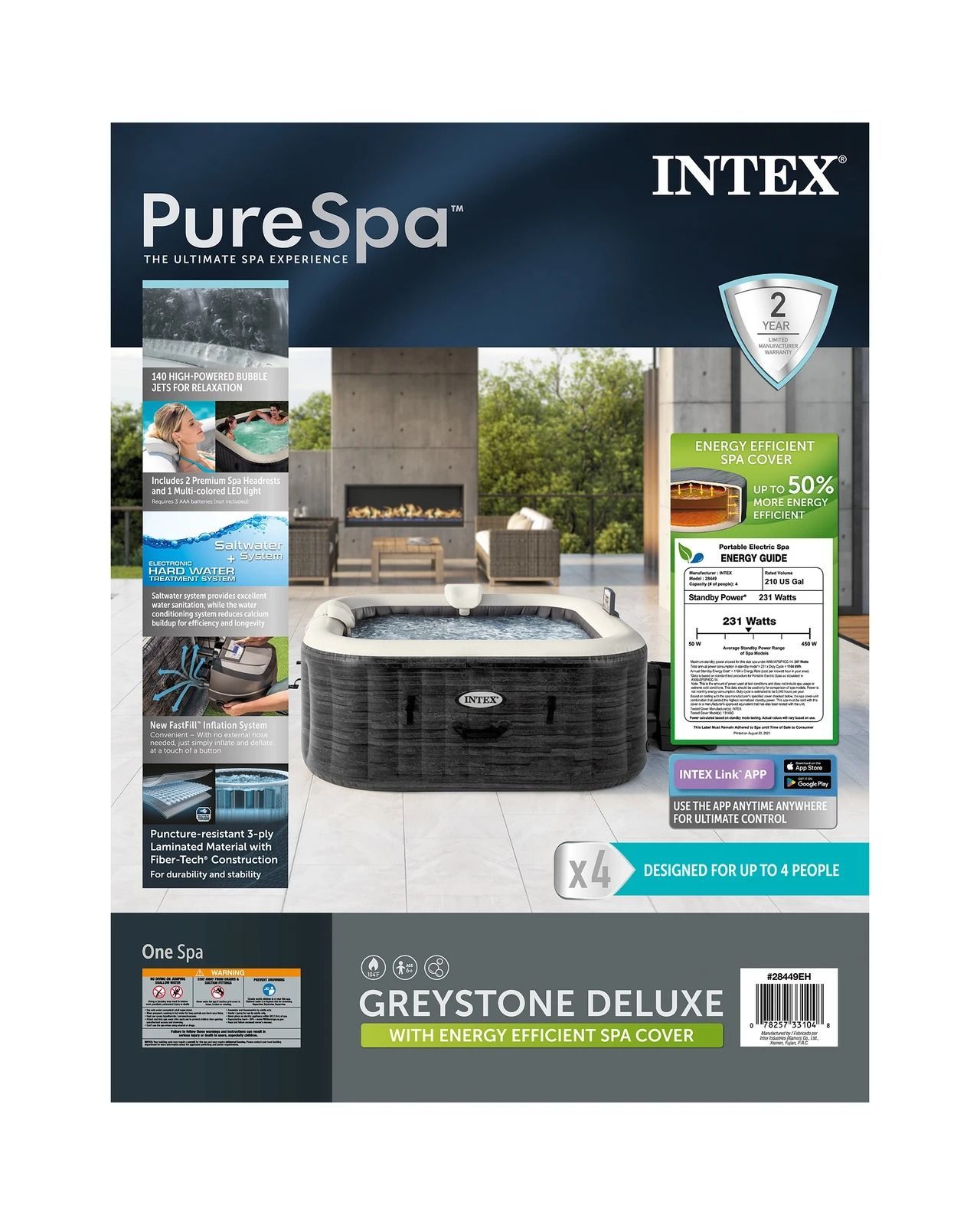 PureSpa Greystone Deluxe Square Bubble Inflatable Spa Set - 4-Person