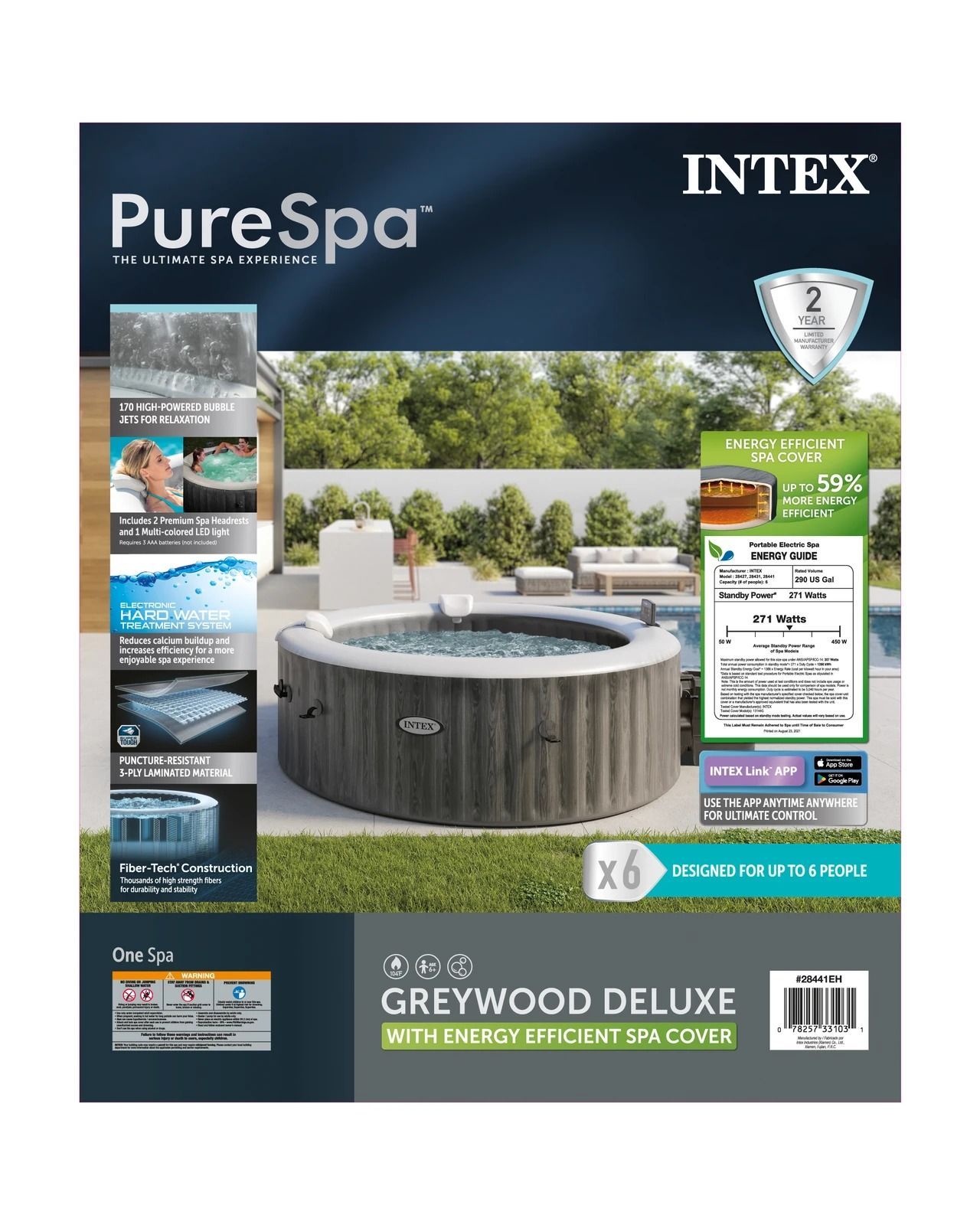 PureSpa Greywood Deluxe Round Bubble Inflatable Spa Set - 6-Person