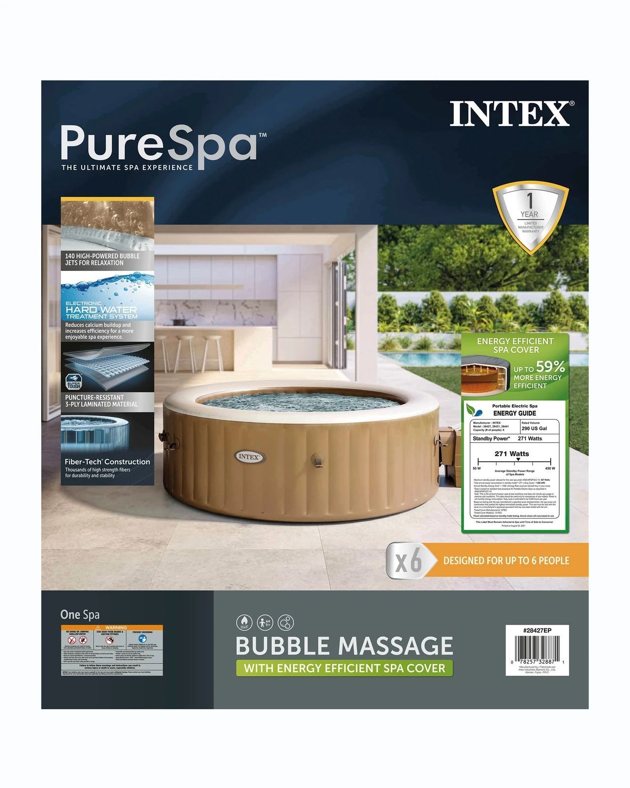  PureSpa Sahara Tan Round Bubble Inflatable Spa Set - 6-Person