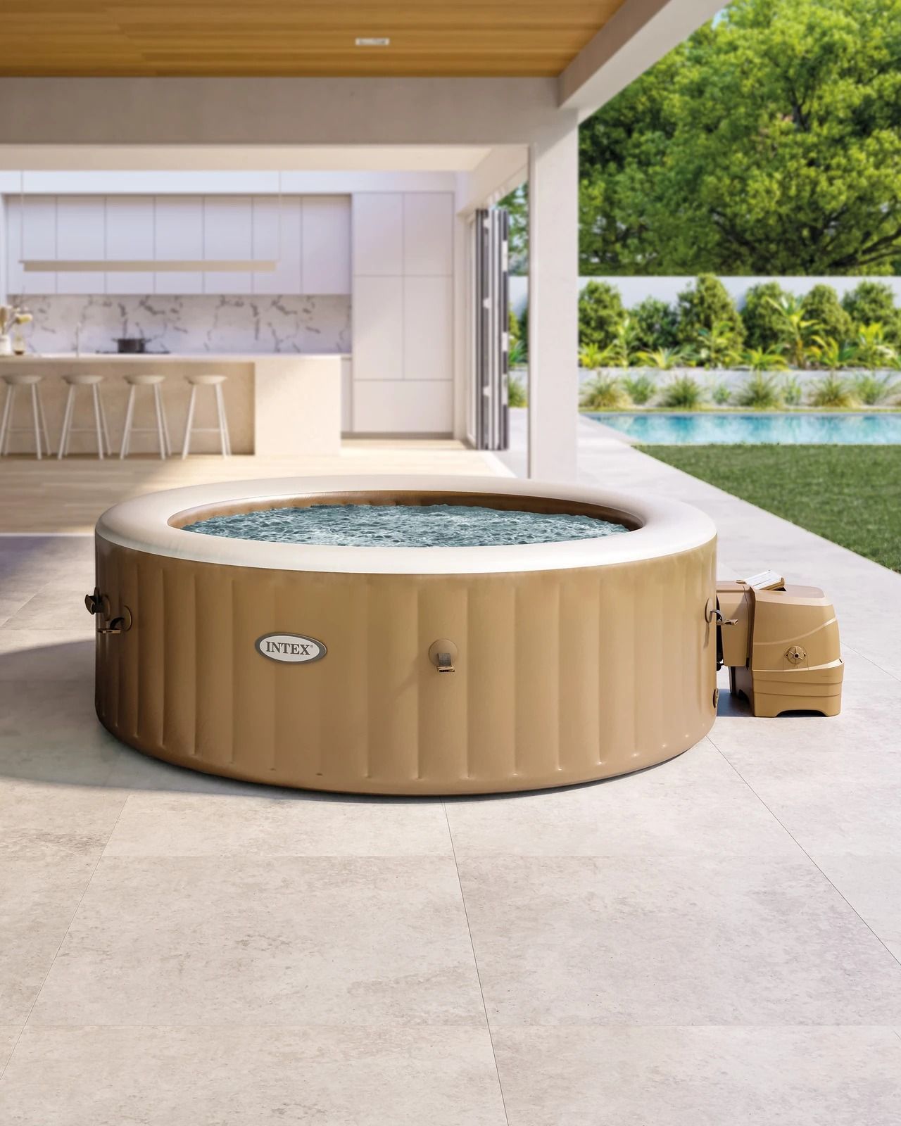  PureSpa Sahara Tan Round Bubble Inflatable Spa Set - 6-Person