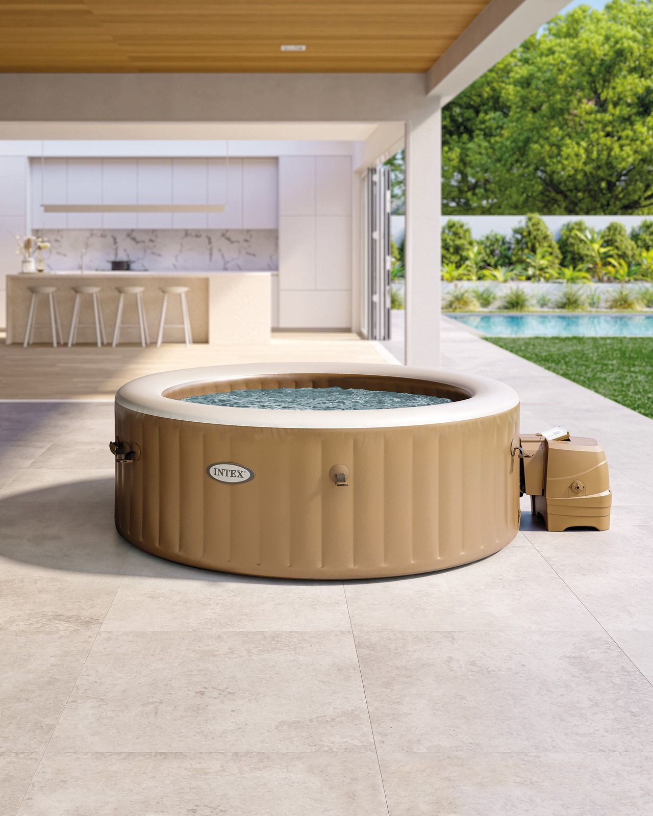 PureSpa Sahara Tan Round Bubble Inflatable Spa Set - 6-Person