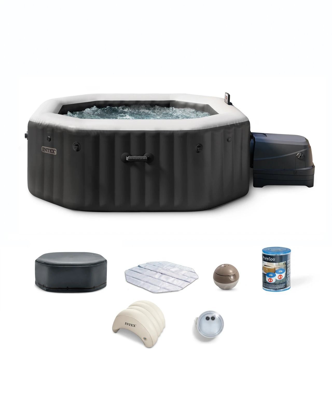 PureSpa Onyx Black Octagon Jet & Bubble Deluxe Inflatable Spa Set - 4-Person