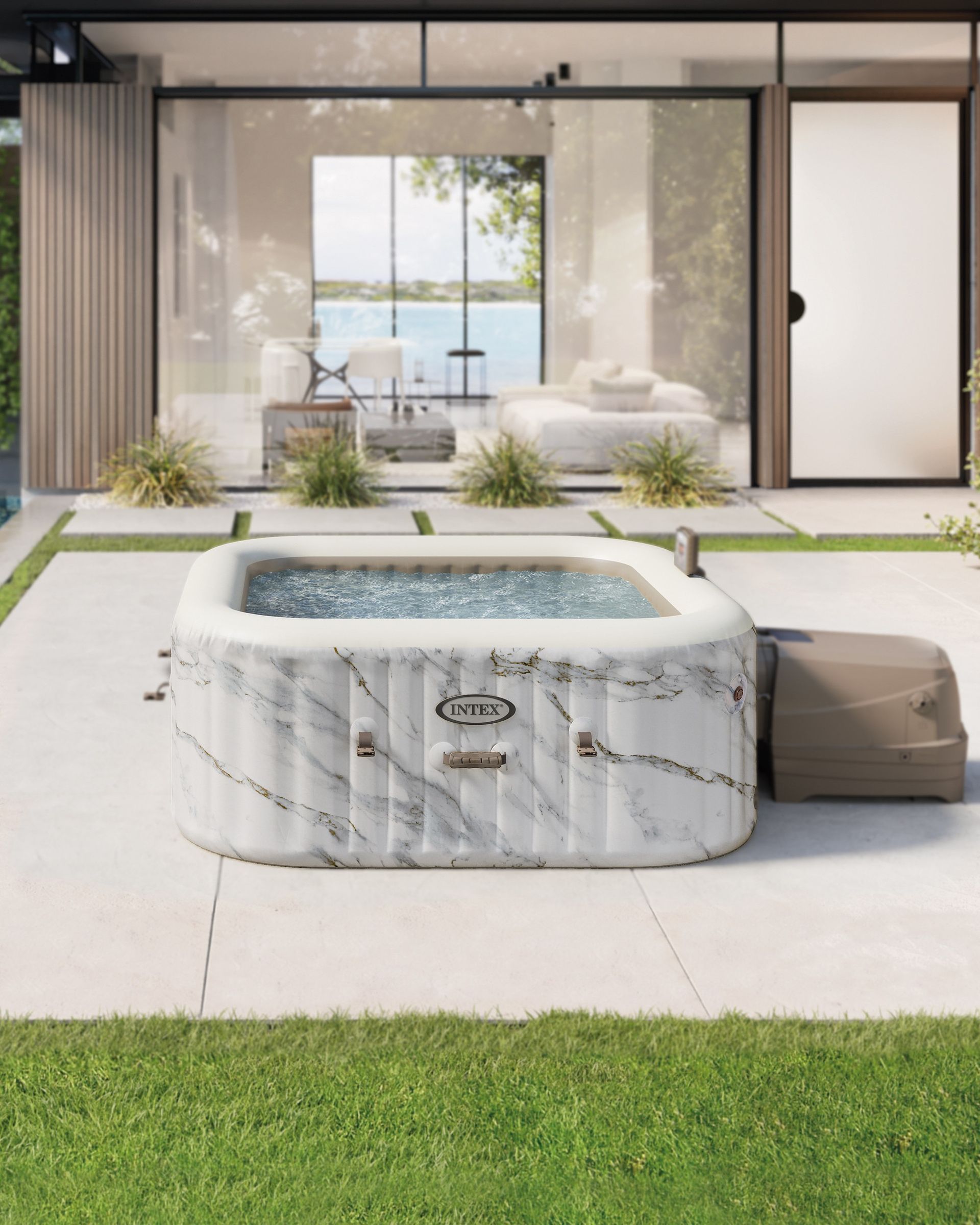 PureSpa Calacatta Square Jet and Bubble Deluxe Inflatable Spa Set - 4 Person