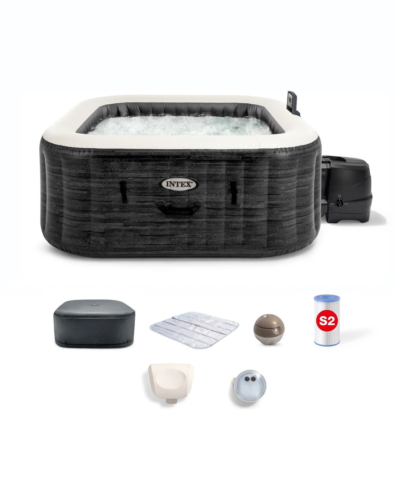 PureSpa Greystone Deluxe Square Bubble Inflatable Spa Set - 4-Person