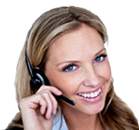Smiling blonde woman wearing a black headset against a white background