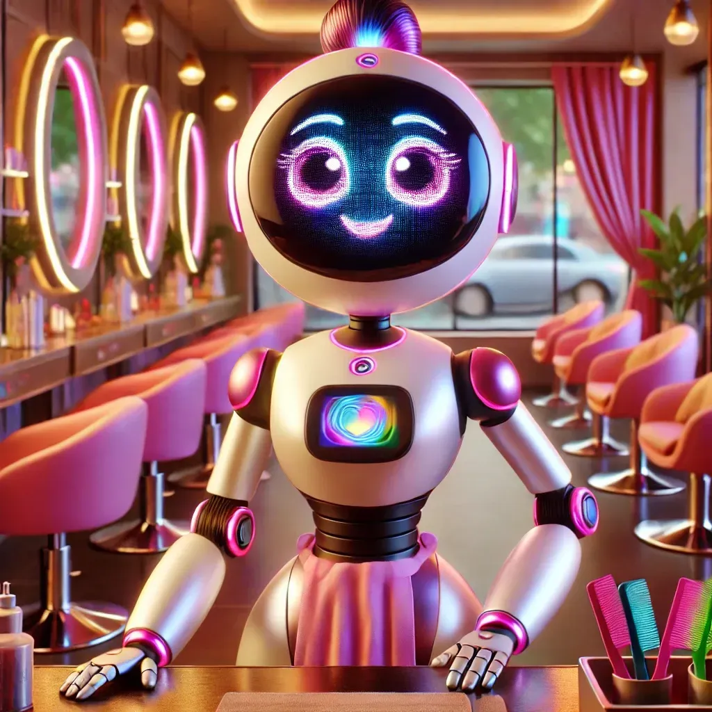 Cute neon robot bartender in a pink diner, smiling behind the counter with glowing circular lights.