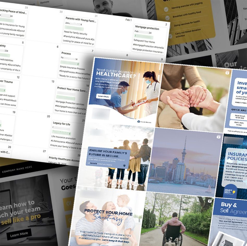 Healthcare website mockup collage with blue and white promotional panels and people in service scenes