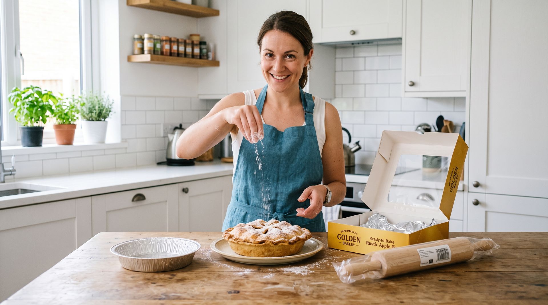 Woman baking in a bright kitchen, sprinkling toppings onto a pie beside ingredients and a rolling pin.