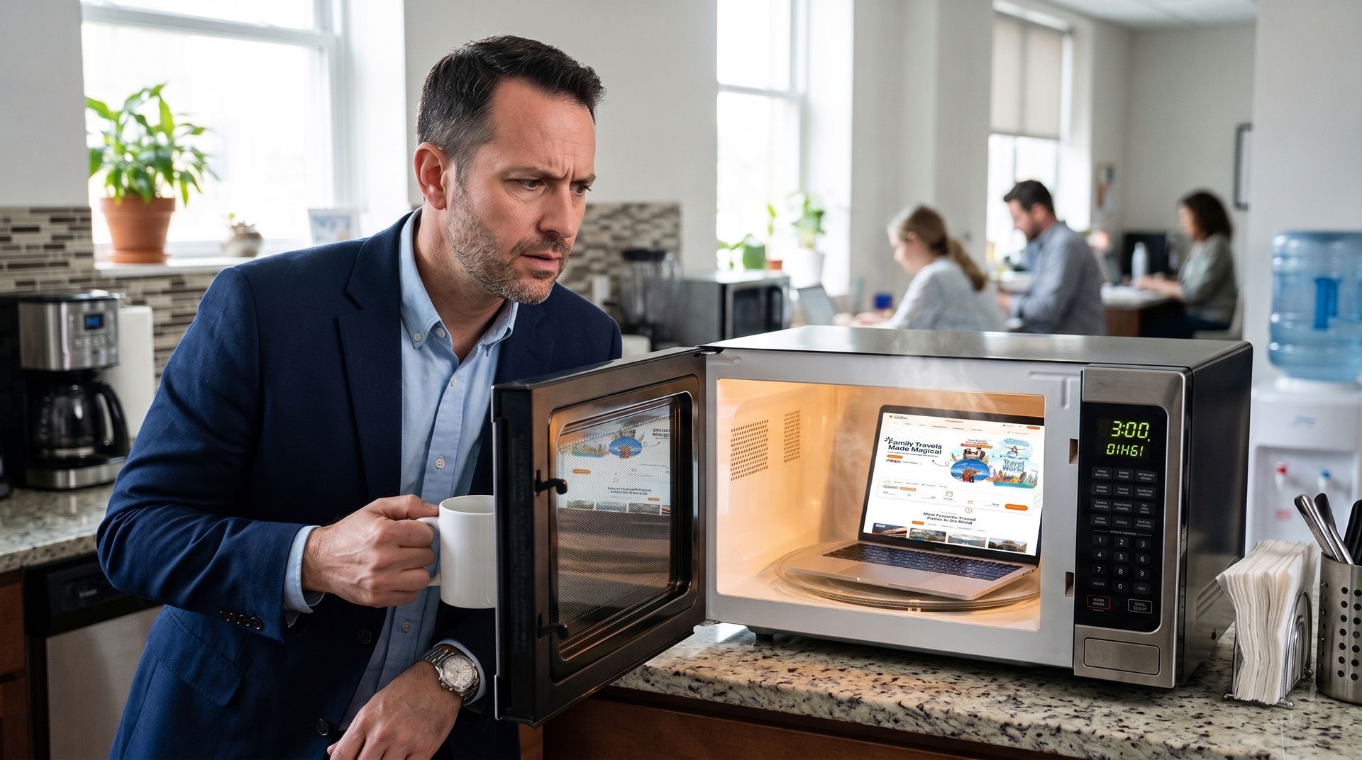 Man opening a microwave in a bright office break room, laptop visible inside.