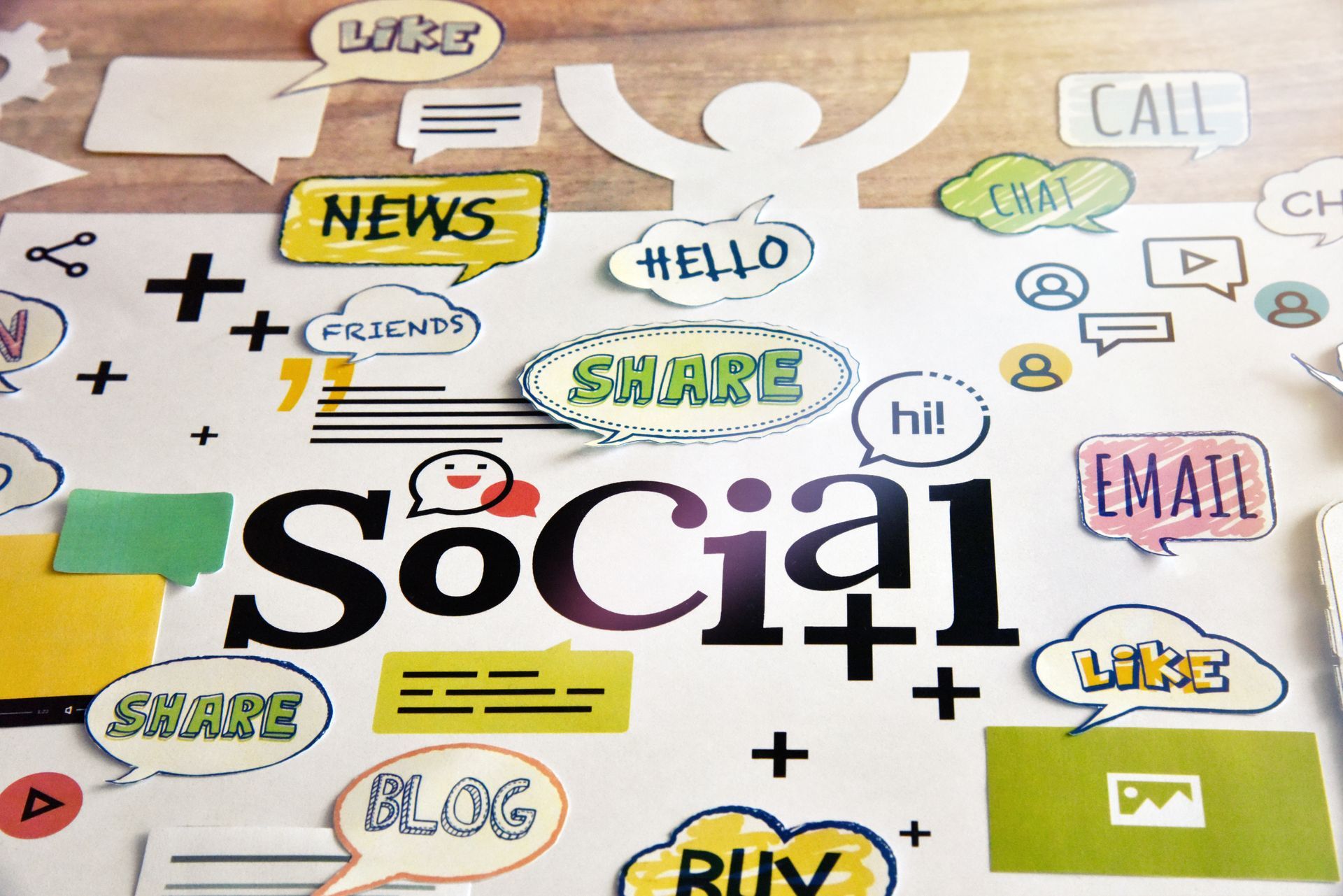 Colorful social media word collage with “social” centered and speech bubbles like chat, share, email, and like.