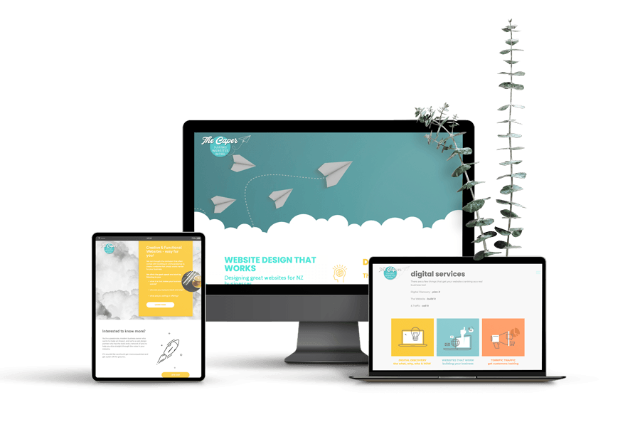 Responsive website mockup on desktop, tablet, and laptop with teal and orange screens