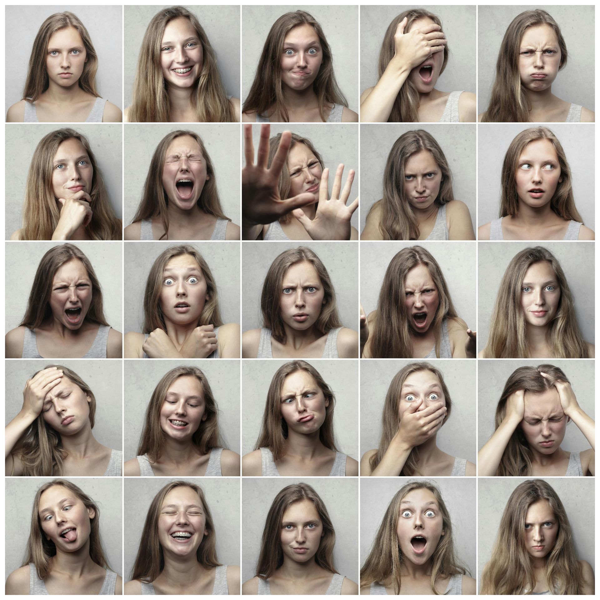 Woman displaying a variety of facial expressions in a grid, including happiness, sadness, and surprise.