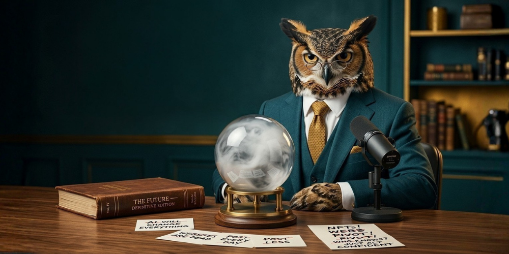 Owl in a teal suit at a desk with a crystal ball and books in a dim study
