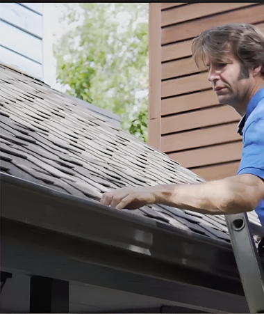 Man in blue shirt inspecting roof shingles beside a ladder on a house.