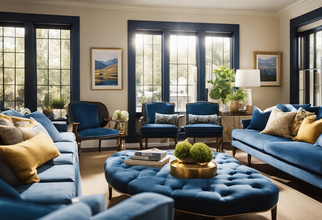 Blue living room with sofas, chairs, and a round ottoman around a coffee table by tall windows.