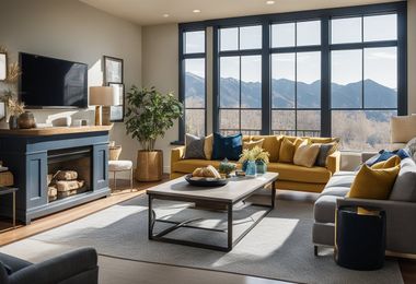 Modern living room with fireplace, large windows, mustard sofa, and mountain view