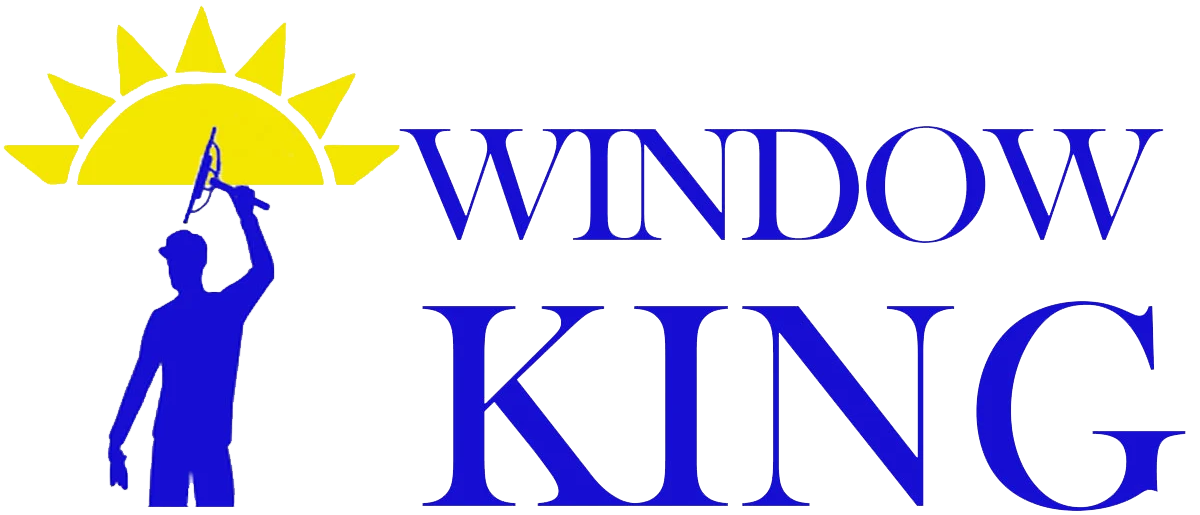 Window King logo with yellow crown, blue figure cleaning a window, and blue text