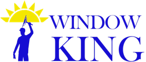 Window King logo with yellow crown, blue figure cleaning a window, and blue text