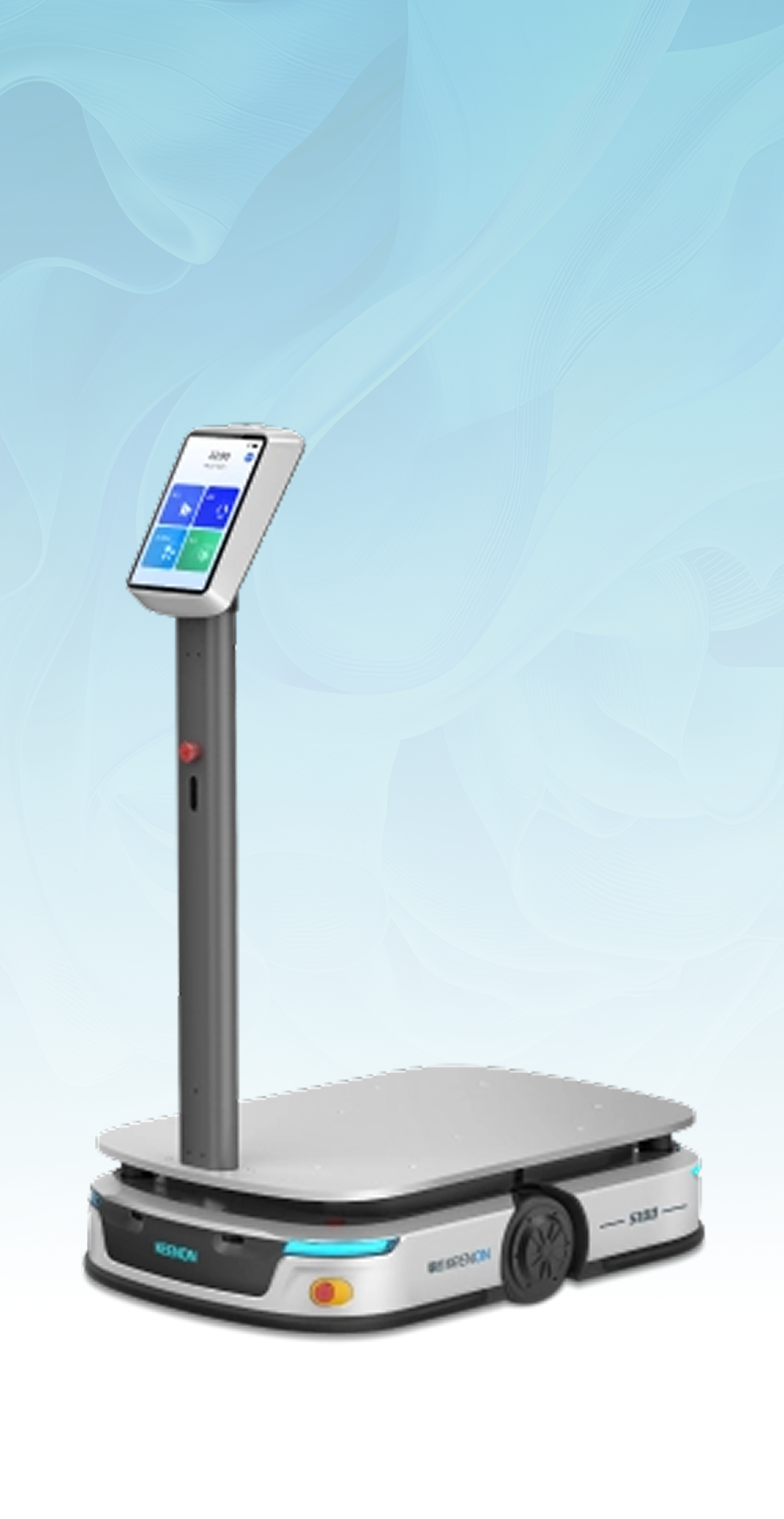 Mobile robot scale with screen, gray and white design, in front of a blue background.