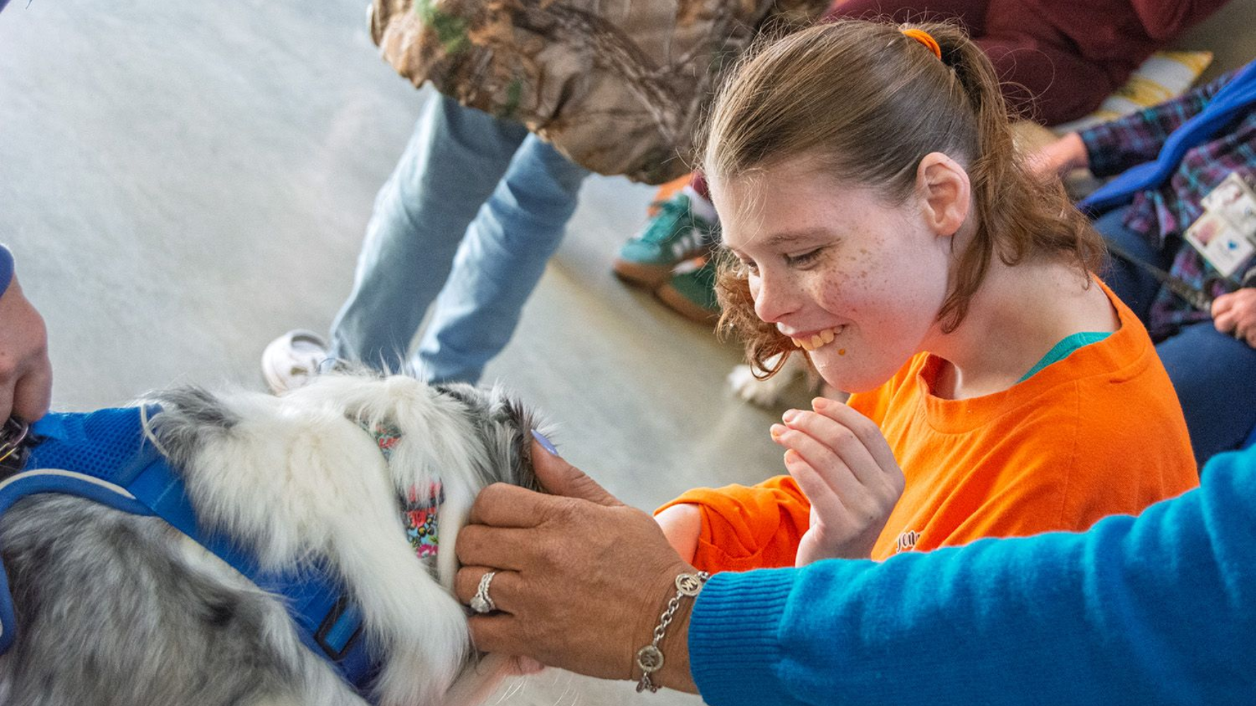 A female student of Orange Grove School reaches toward a visiting black-and-white service dog.