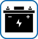 Un icono de batería azul sobre un fondo blanco.