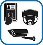 Un icono en blanco y negro de una cámara de seguridad sobre un fondo blanco.