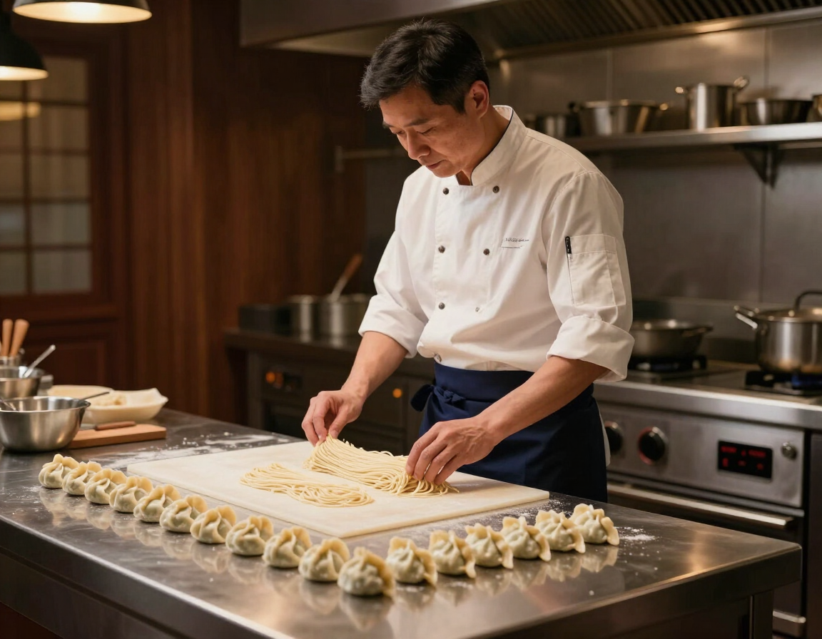 Chef revisando productos de pasta asiática en cocina profesional