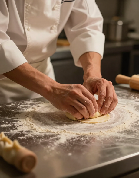 Chef elaborando tapas para gyozas en cocina comercial