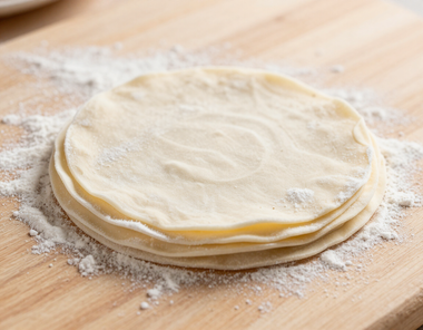 Tapas para gyozas apiladas sobre madera